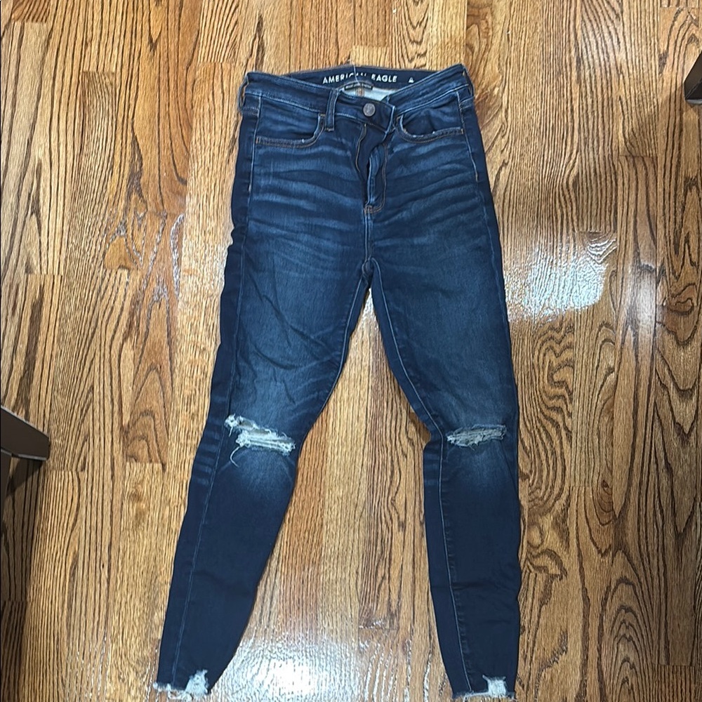 American Eagle Outfitters Blue Skinny Jeans with Distressed Details